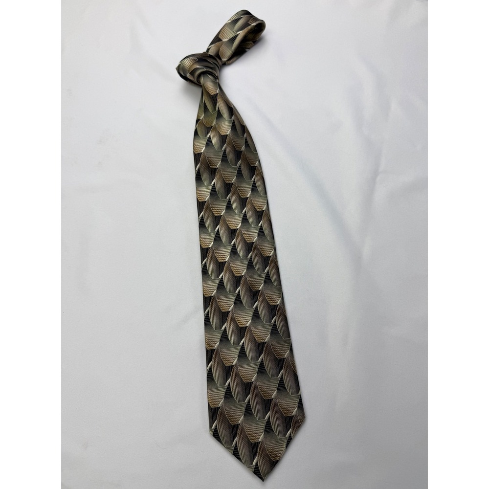 Roberto Villini Collezione Mens Silk Tie Olive Green Taupe Geometric Basketweave